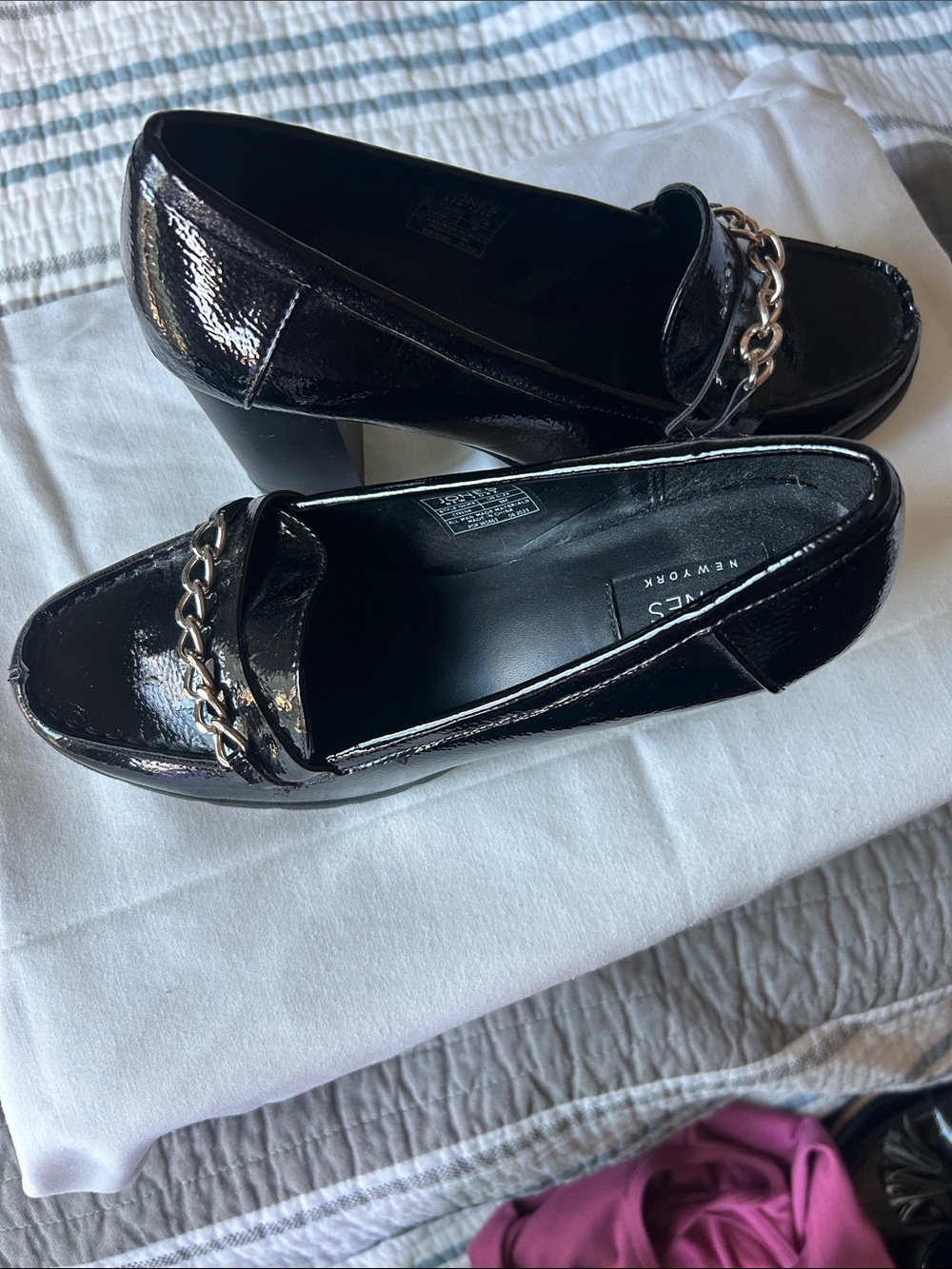 Jones New York Black Patent Loafers with Gold Chain Detail